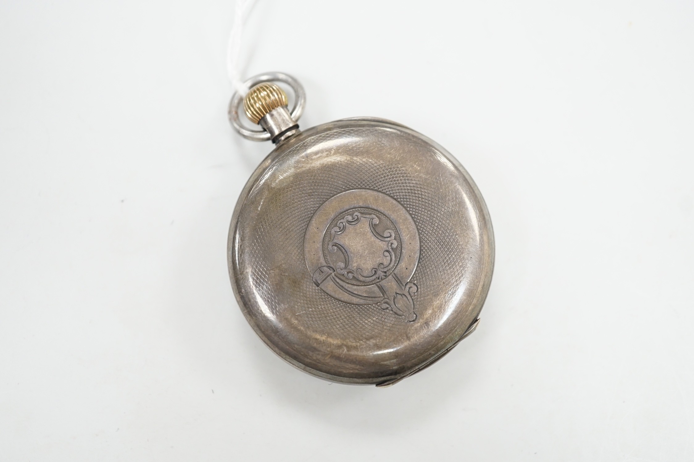 A Swiss 935 white metal open face pocket watch, with Roman dial(a.f.) and subsidiary seconds.